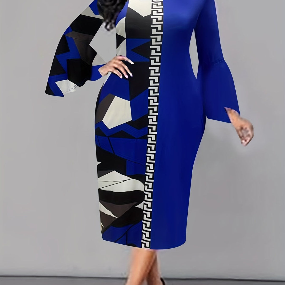 Colorblock Print Bell Sleeve Dress