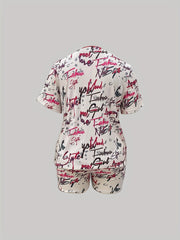  Cartoon Print Round Neck Top & Shorts Set