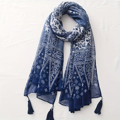 Navy Floral Print Scarf Tassel Shawl Boho Windproof Head Wrap Sunscreen