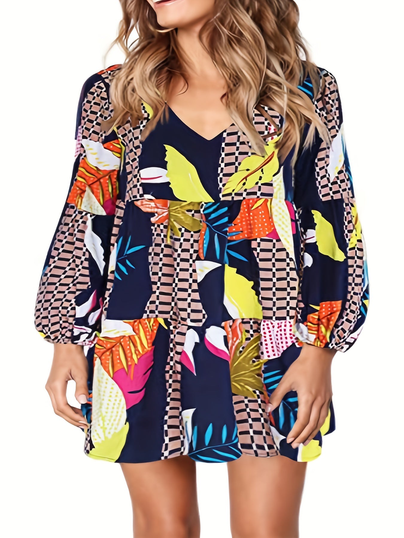  Colorblock Gingham & Tropical Print V Neck Mini Dress