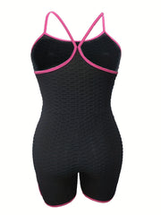  Sports Cami Romper Women's Plus Contrast Trim Honeycomb Textured Lace