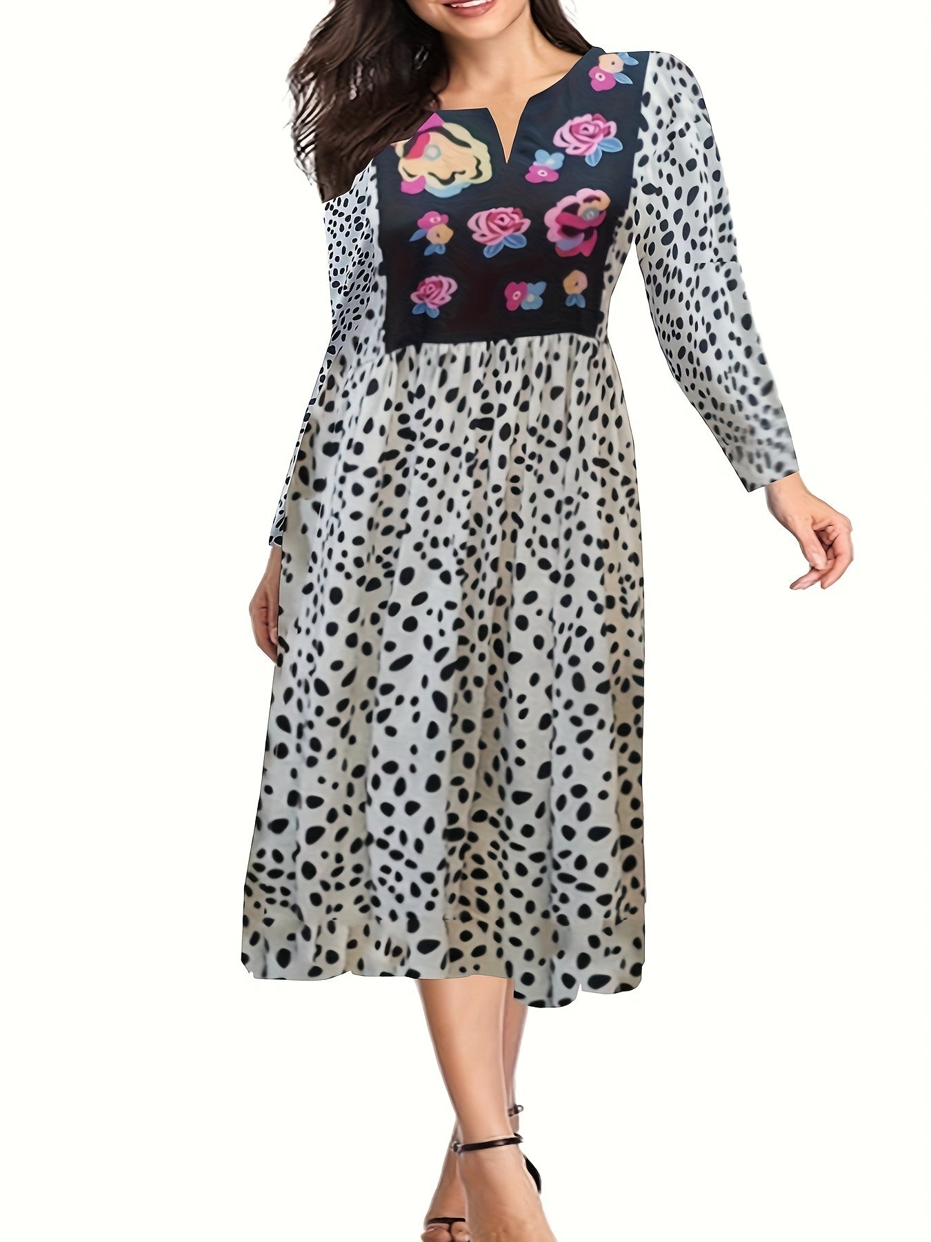  Boho Dress Colorblock Dot & Floral Print
