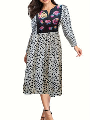  Boho Dress Colorblock Dot & Floral Print