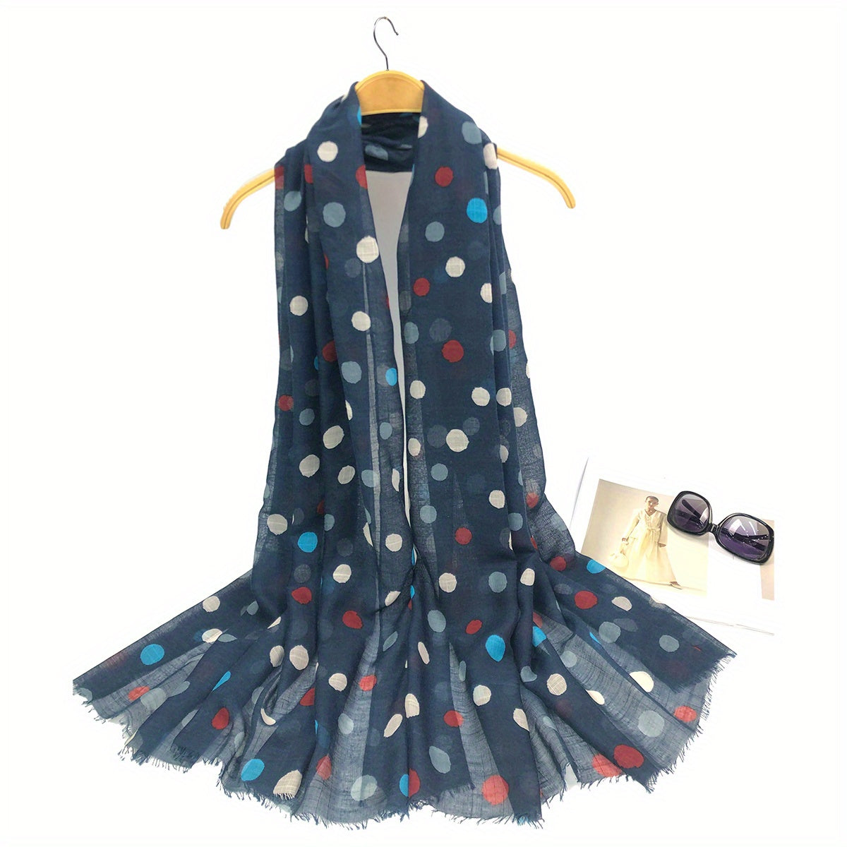 Polka Dot Print Scarf Warm Shawl Women Frayed Edge Head Wrap