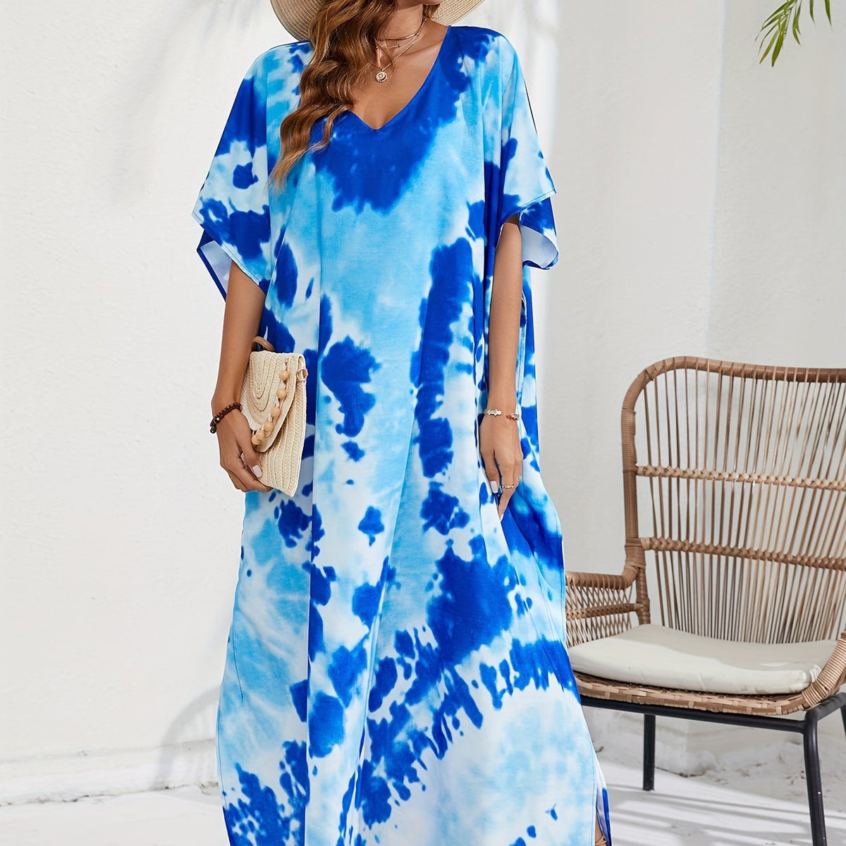  Tie Dye Batwing Sleeve V Neck Maxi Cover Up Dress