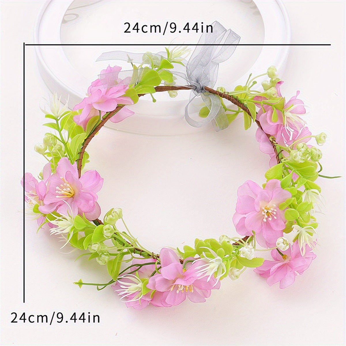 Floral Crown Headband Cherry Blossoms Ribbon Pink Green