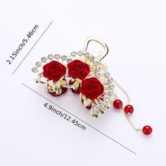 Chinese Style Rose Hair Clip Alloy Hairpin Decorated With Rhinestones Tassel