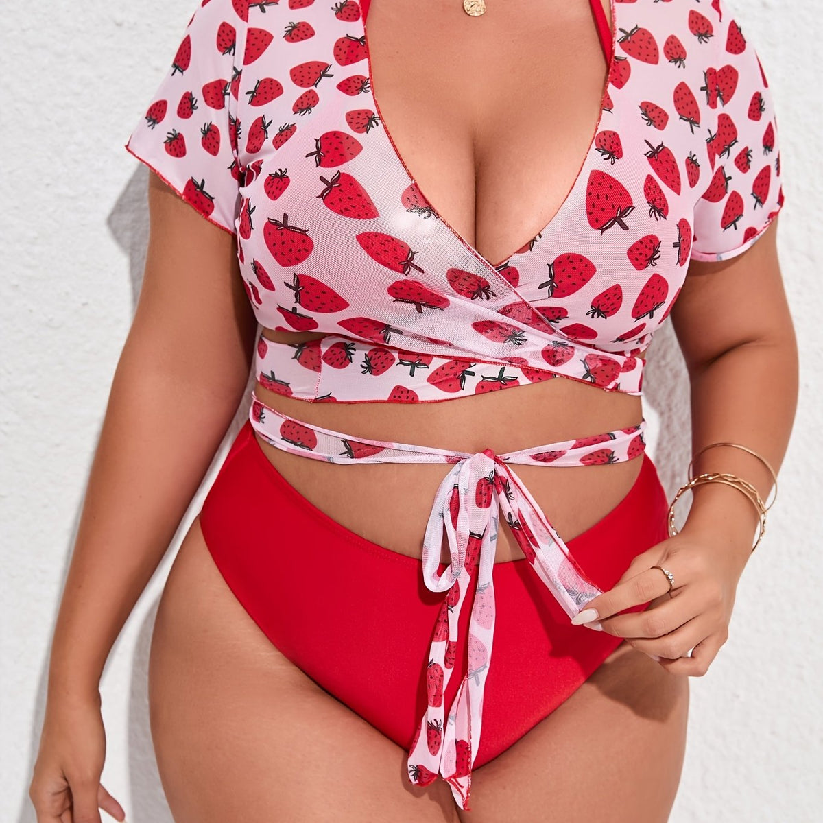  Strawberry Print Swimsuit Set Women's High Stretch 2pcs Set