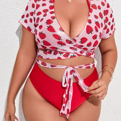  Strawberry Print Swimsuit Set Women's High Stretch 2pcs Set