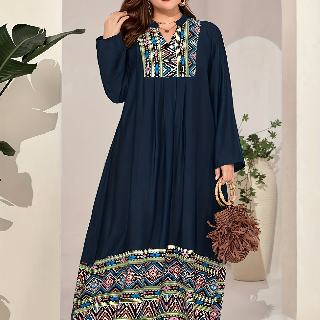  Geo Print Abaya Dress Long Sleeve Maxi Jalabiya