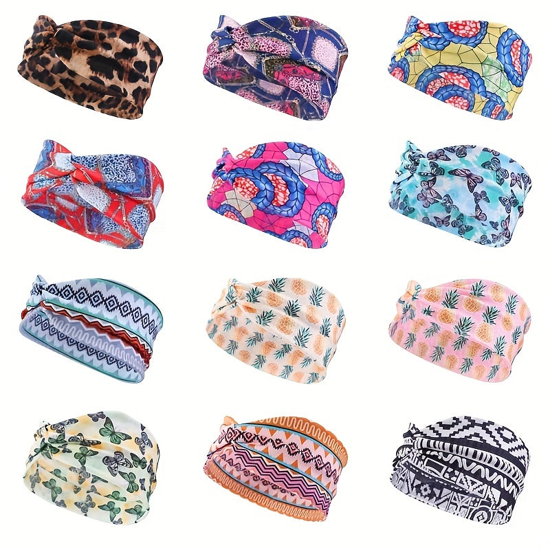 Boho Women Print Cross Knotted Headband Elastic Head Wrap Bandana