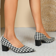 Women's Houndstooth Chunky High Heels Slip On Pumps