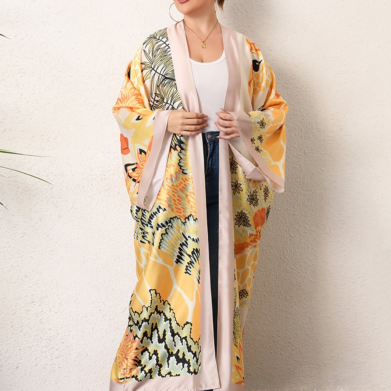  Boho Kimono Women's Plus Floral Print Long Sleeve Beach Cover-Up