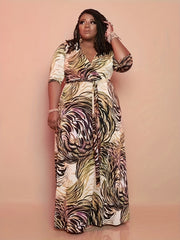  Casual Maxi Dress Allover Print Surplice Neck High Stretch