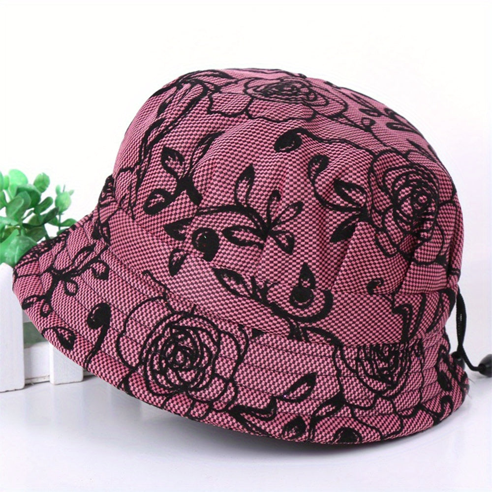 Vintage Rose Embroidery Bucket Hat Solid Short Brim Basin Hat UV Protection
