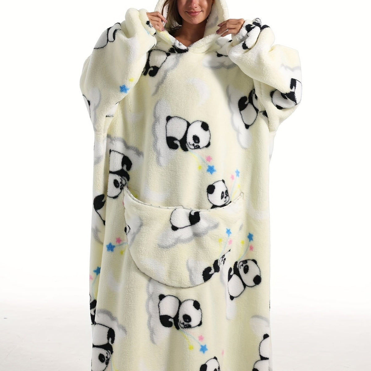  Oversized Fleece Hooded TV Blanket Women's Panda Pattern Robe