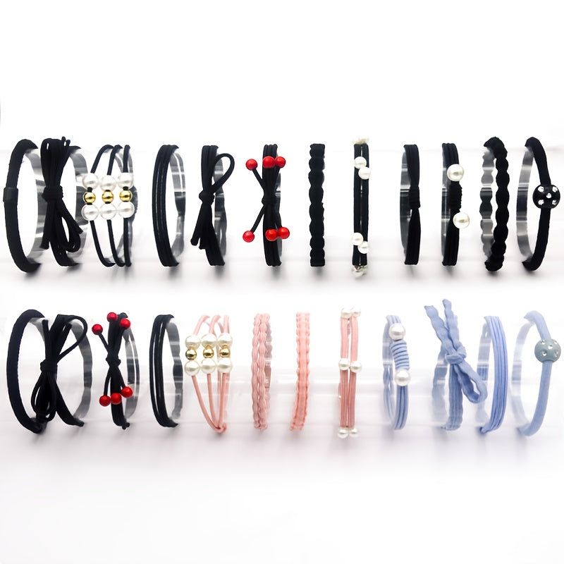 12pcs Hair Tie Set Bow Knotted Hair Rope Pearl Elastic Ponytail Holder
