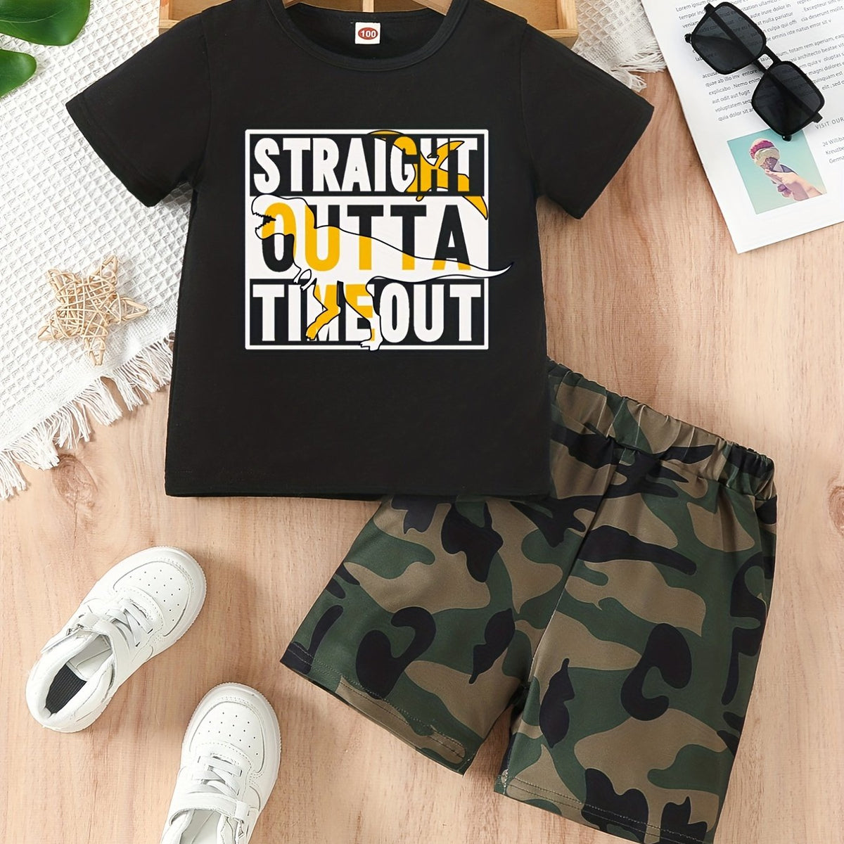 Boys Dino & Letter Print Short Sleeve T-shirt & Camo Shorts Set