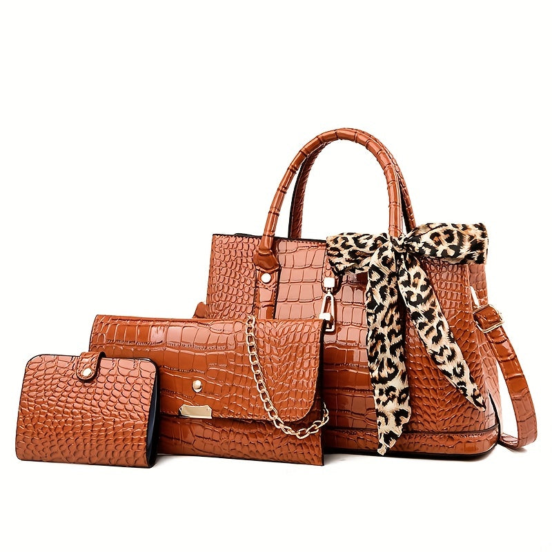 3 Pcs Crocodile Embossed Bag Set Tote Shoulder Clutch Card Case