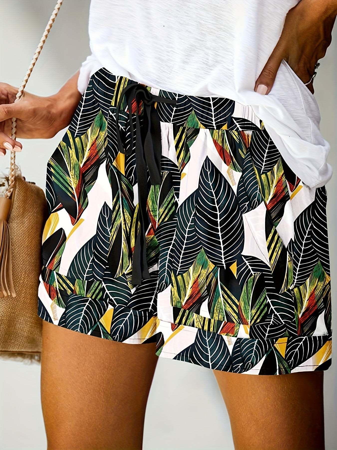 Tropical Print Drawstring Shorts for Women