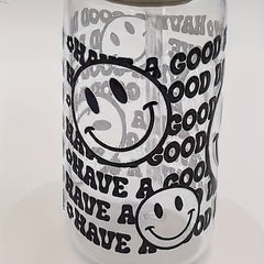 Smiley Face Glass Cup Set with Lid & Straw Holiday Gift
