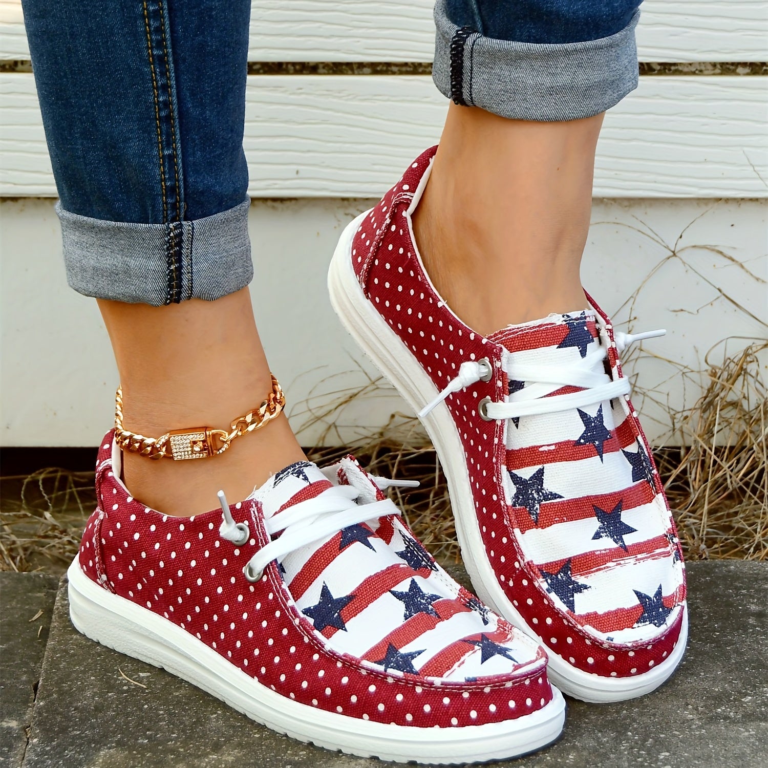Polka Dot & American Flag Boat Shoes Lace Up Walking Shoes Round Toe Sneakers