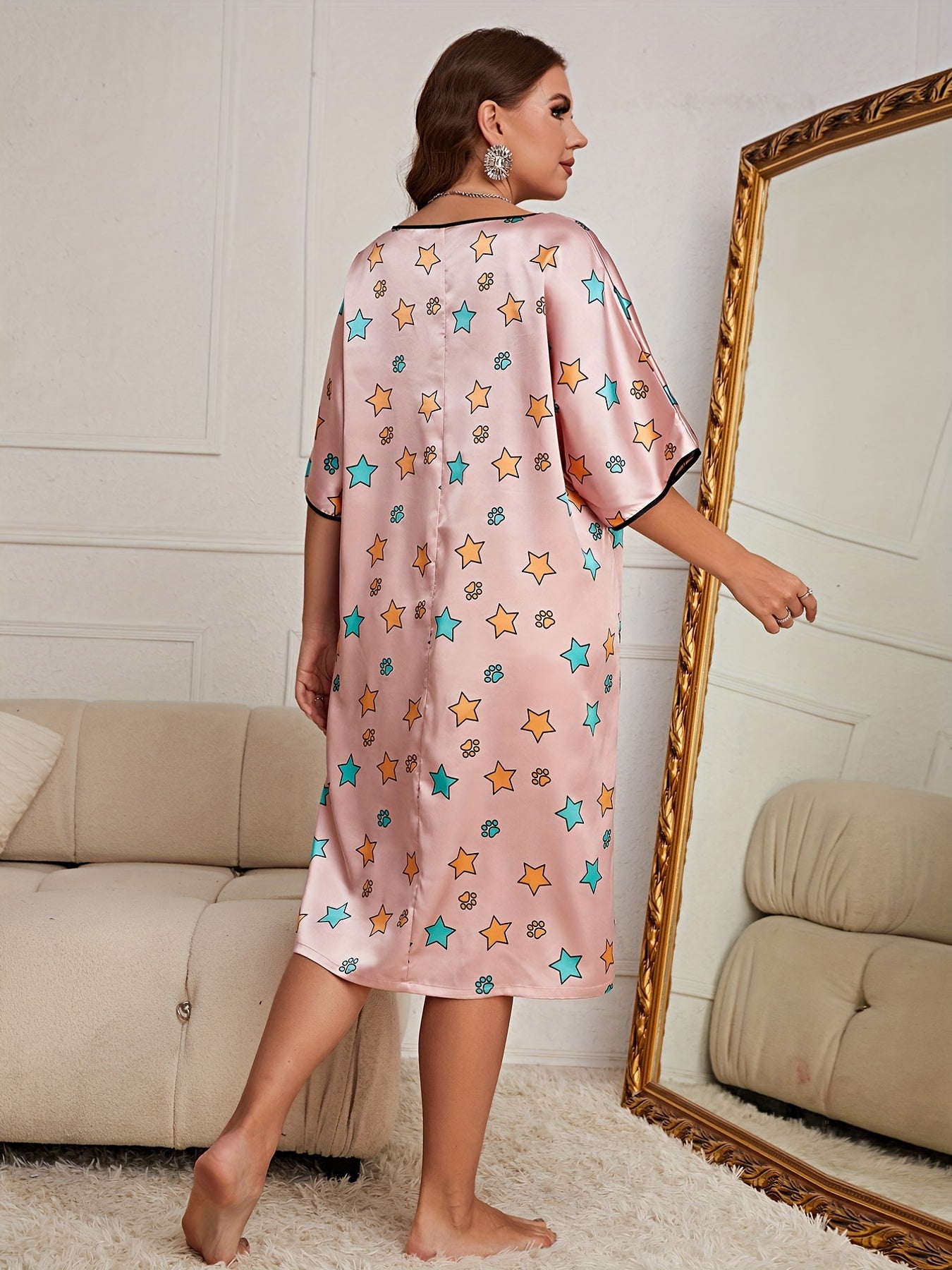  Nightgown Women's Plus Star Print Half Sleeve Satin Sleep Dress