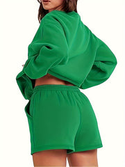  Solid Long Sleeve Top & Shorts Set Women's Casual 2 Piece
