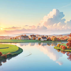 Cartoon Sky Clouds Grassland Village Window Curtains And Tapestries