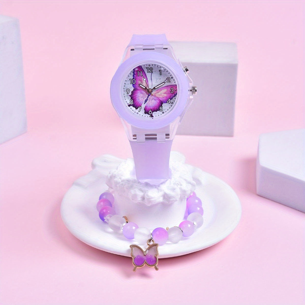 Girls' Silicone Strap Pointer Watch Set Butterfly Quartz Wristwatch