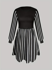 Colorblock Striped Long Sleeve Round Neck Dress