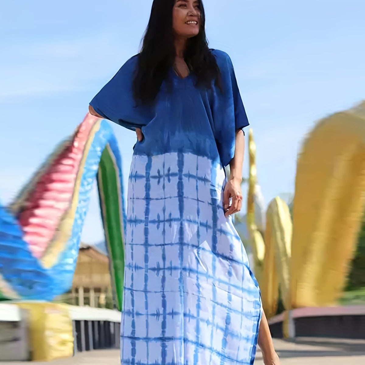  Colorblock Tie Dye Print V Neck Cover Up Dress