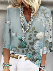  Casual Blouse Women's Plus Floral Print Half Sleeve V Neck