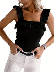 Ruffle Trim Tank Tops Square Neck Sleeveless Cami Top