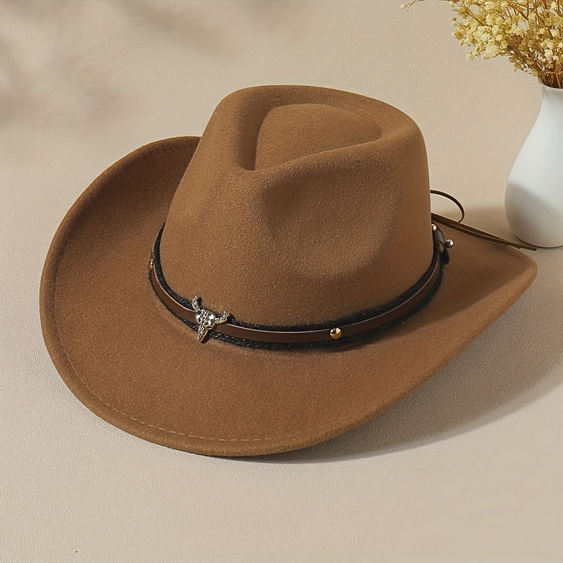 Vintage Jazz Fedora Cap Bull Head Cowboy Hat Solid Felt Casual Sun Hat