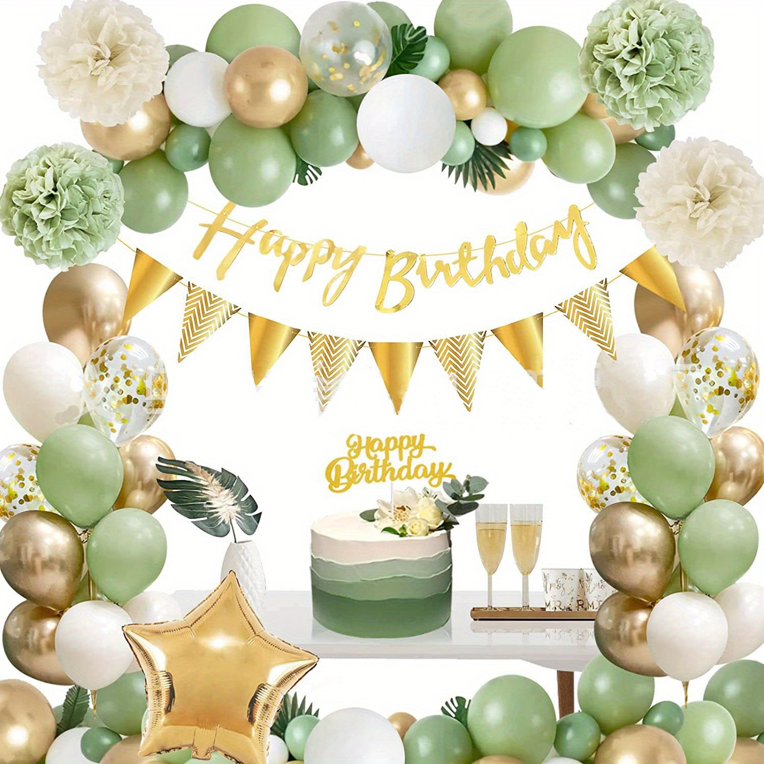 Happy Birthday Balloon Arch Garland Green Golden Confetti Latex Aluminum Foil St