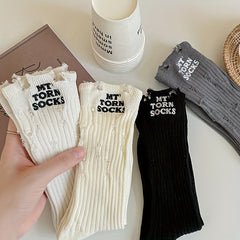 4 Pairs Letter Print Ripped Socks Comfy & Breathable Mid Tube Socks