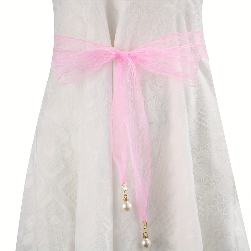 Faux Pearl Pendant Lace Girdle Sash Belt Bow Knotted Waistband Dress Girdle