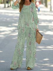 Women's Plus Floral Print Long Sleeve Top & Wide Leg Pants Set