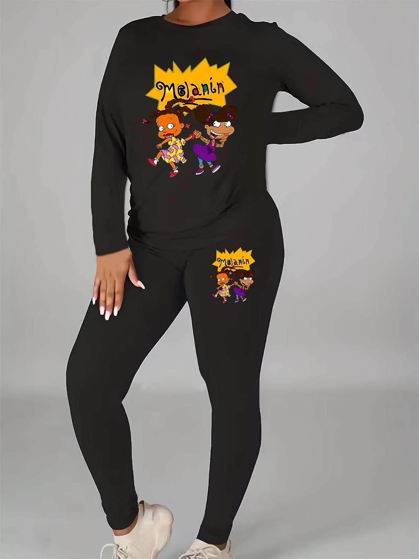  Women's Casual 2 Piece Set Letter & Cartoon Print Top & Leggings