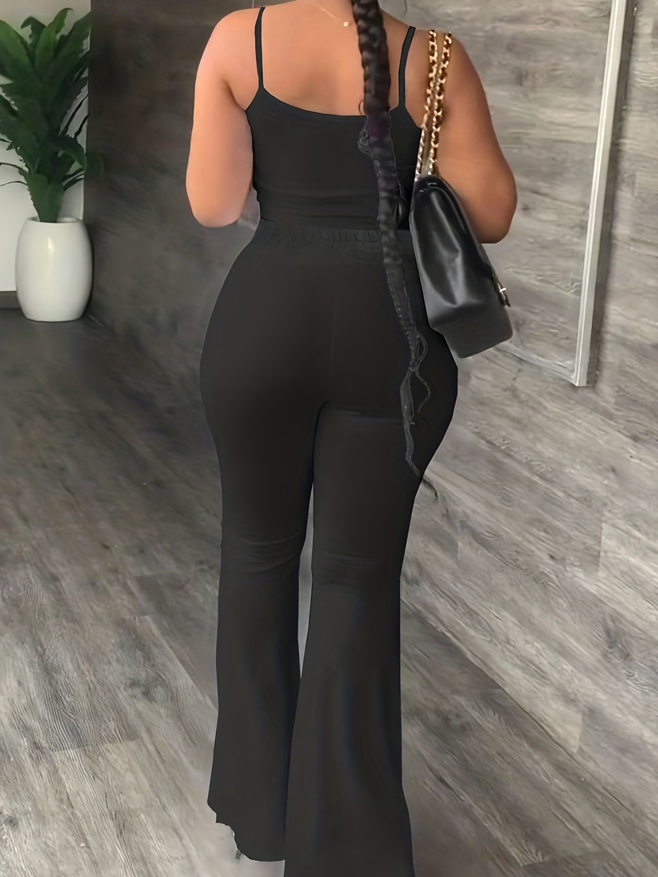  Solid Crew Neck Cami Top & Flared Leg Pants Outfits Set