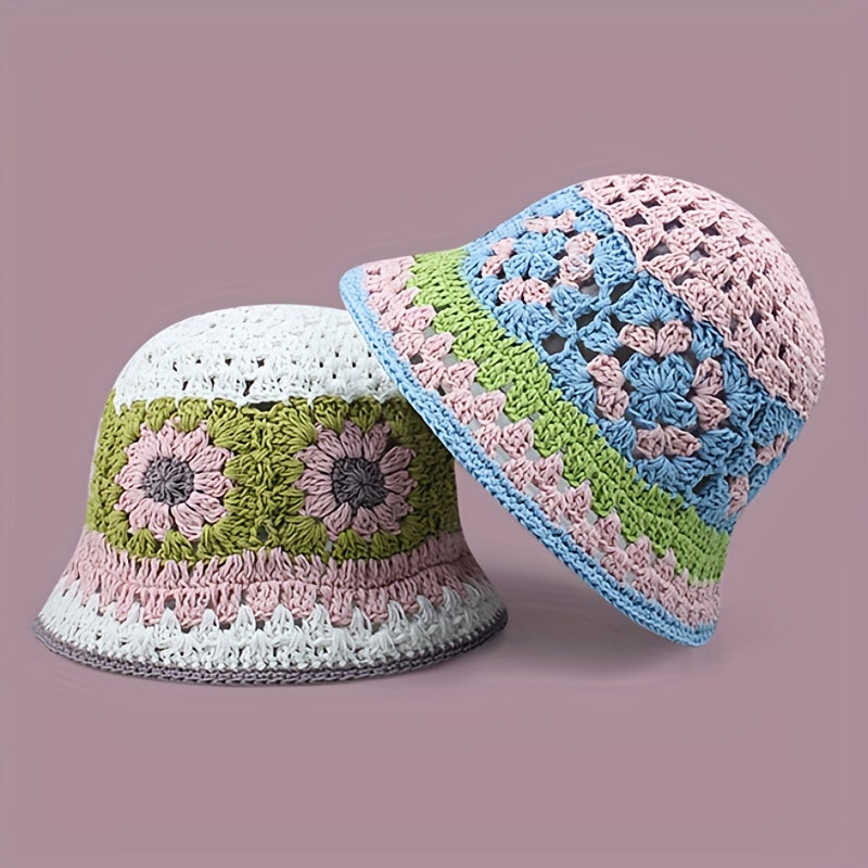 Hollow Crochet Bucket Hat Breathable Sunshade Basin Hat for Women