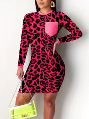  Sexy Leopard Print Long Sleeve Dress With Pockets