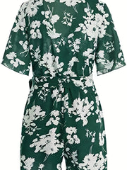 Floral Print V neck Romper Jumpsuit Short Sleeve Women's Clothing