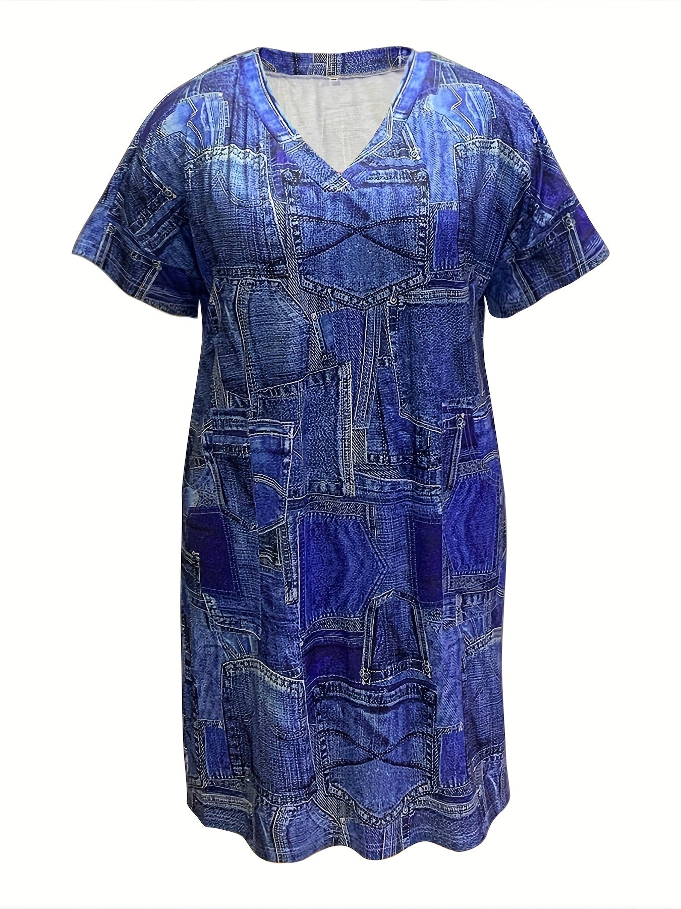  Denim Print V-Neck Midi Dress with Pockets