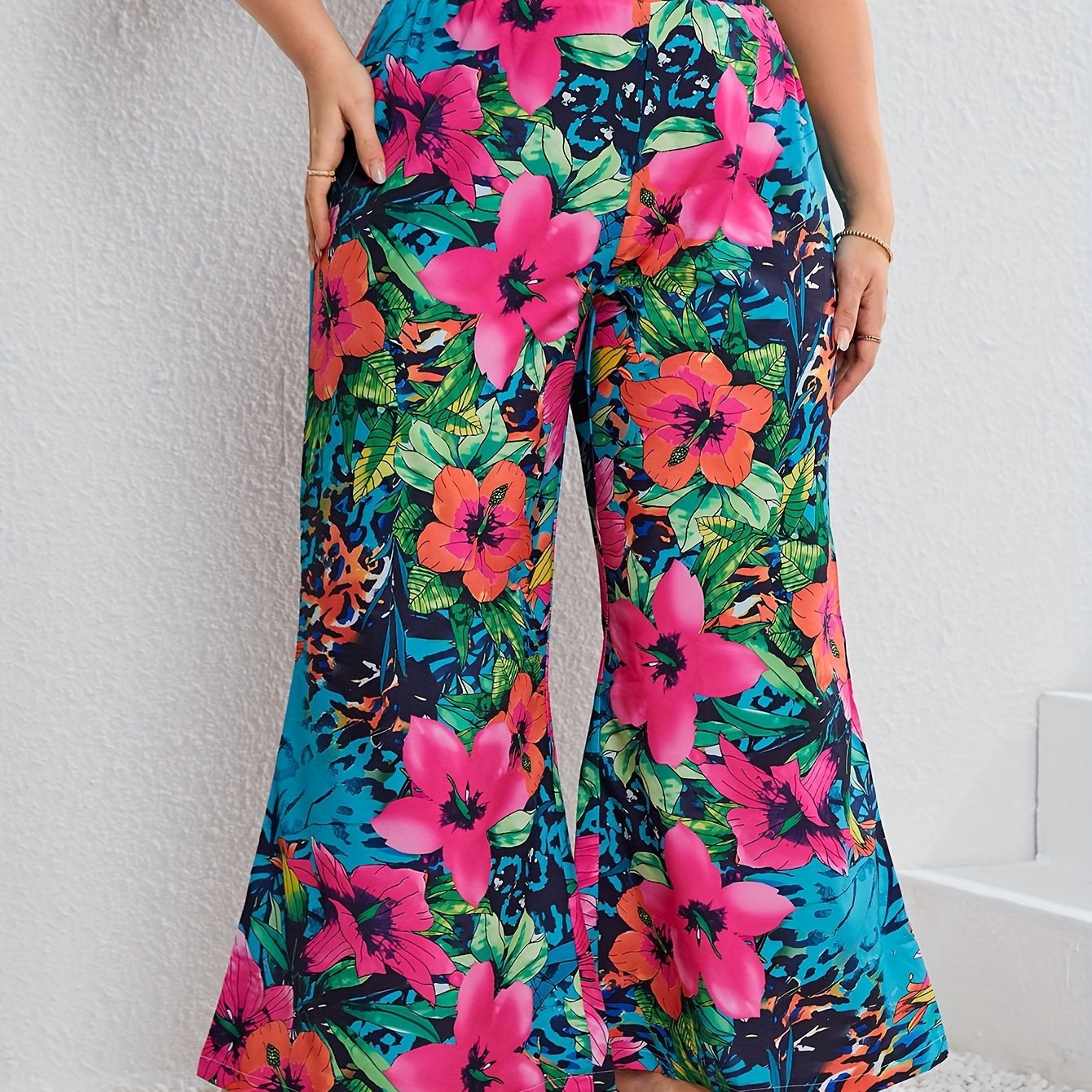  Boho Pants Women's Plus Floral Print Wide Leg Trousers