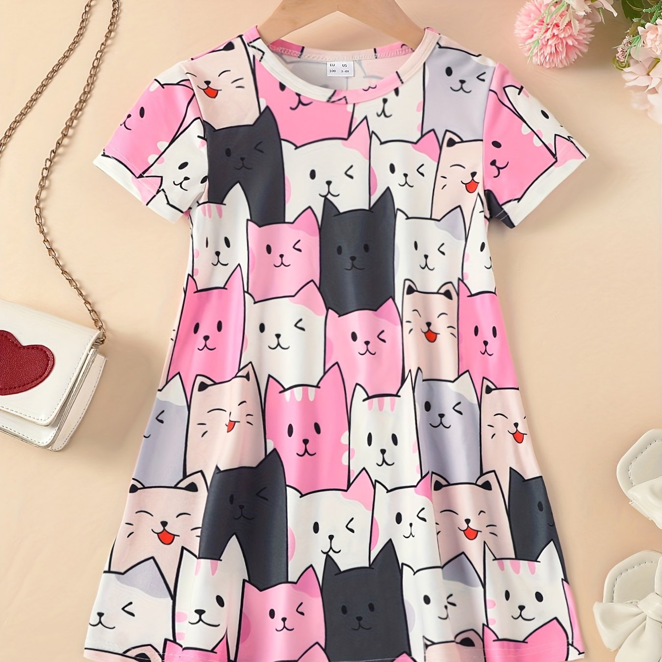 Girls Casual Kitten Graphic Dress for Summer Holiday Party Kids Clothes