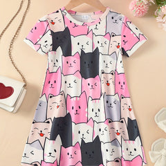 Girls Casual Kitten Graphic Dress for Summer Holiday Party Kids Clothes