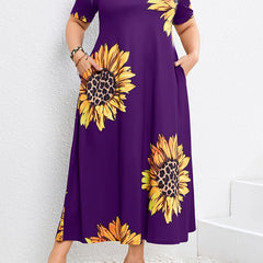  Sunflower Print Maxi Dress with Pockets