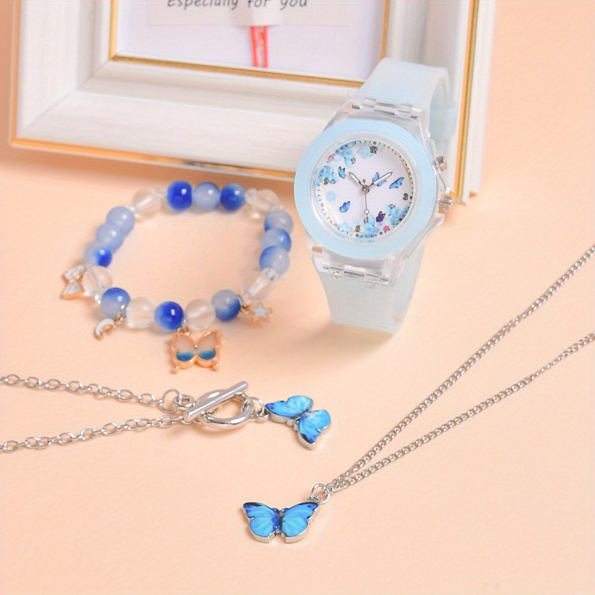 Butterfly Kids' Quartz Watch with Silicone Strap LED Light Bracelet Set